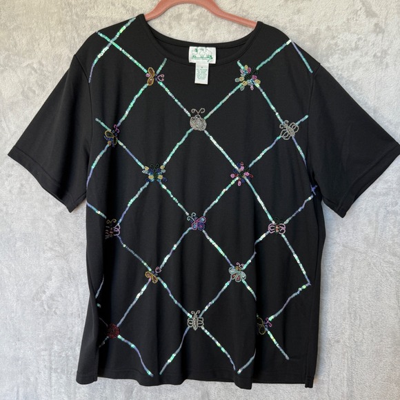 The Quacker Factory 1X Black Beaded Sequin Butterfly Embellished Knit ToThep - Picture 1 of 11